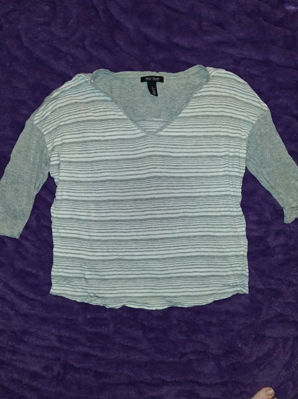 White House Black Market Light Gray and White Striped V-Neck Long Sleeve Top